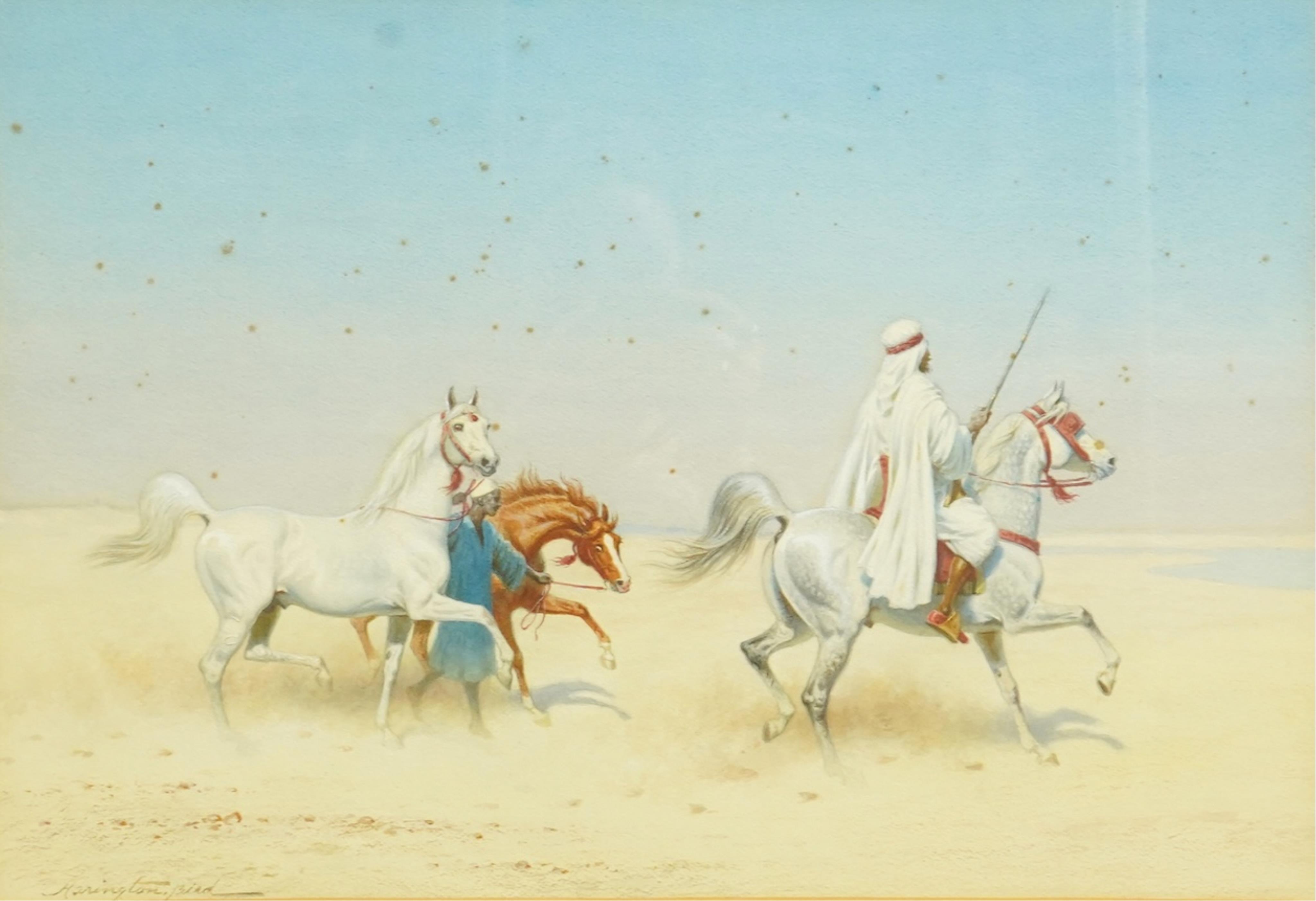 John Alexander Harrington Bird (English, 1846-1936), Arab warrior on horseback and groom leading two further horses, watercolour, 35 x 51.5cm